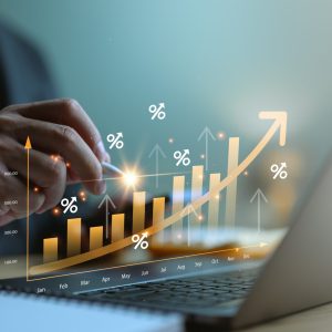 Business graph with percentage, special offer of shopping department store discount and tax concept, adjusting interest rates, raising interest rates to fight inflation, returns on investments.